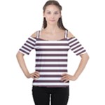 Horizontal Stripes - White and Eggplant Violet Women s Cutout Shoulder Tee
