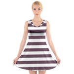 Horizontal Stripes - White and Eggplant Violet V-Neck Sleeveless Dress
