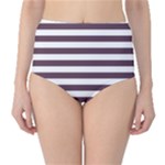 Horizontal Stripes - White and Eggplant Violet High-Waist Bikini Bottoms