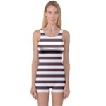 Horizontal Stripes - White and Eggplant Violet One Piece Boyleg Swimsuit