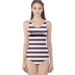 Horizontal Stripes - White and Eggplant Violet One Piece Swimsuit