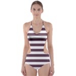 Horizontal Stripes - White and Eggplant Violet Cut-Out One Piece Swimsuit