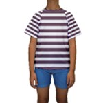 Horizontal Stripes - White and Eggplant Violet Kid s Short Sleeve Swimwear