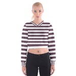 Horizontal Stripes - White and Eggplant Violet Women s Cropped Sweatshirt