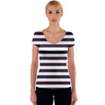 Horizontal Stripes - White and Dark Purple Women s V-Neck Cap Sleeve Top