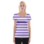 Horizontal Stripes - White and Dark Pastel Purple Women s Cap Sleeve Top