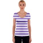 Horizontal Stripes - White and Dark Pastel Purple Women s V-Neck Cap Sleeve Top