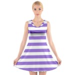 Horizontal Stripes - White and Dark Pastel Purple V-Neck Sleeveless Dress