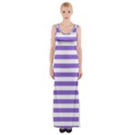 Horizontal Stripes - White and Dark Pastel Purple Maxi Thigh Split Dress