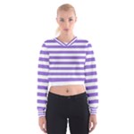 Horizontal Stripes - White and Dark Pastel Purple Women s Cropped Sweatshirt