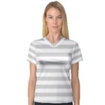 Horizontal Stripes - White and Light Gray Women s V-Neck Sport Mesh Tee