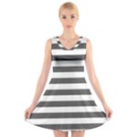Horizontal Stripes - White and Dark Gray V-Neck Sleeveless Dress
