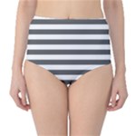 Horizontal Stripes - White and Dark Gray High-Waist Bikini Bottoms