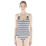 Horizontal Stripes - White and Dark Gray Women s Halter One Piece Swimsuit