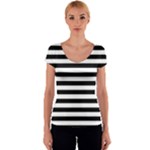 Horizontal Stripes - White and Black Women s V-Neck Cap Sleeve Top