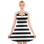 Horizontal Stripes - White and Black V-Neck Sleeveless Dress