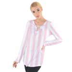 Vertical Stripes - White and Piggy Pink Women s Tie Up Tee