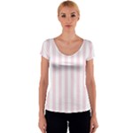 Vertical Stripes - White and Piggy Pink Women s V-Neck Cap Sleeve Top