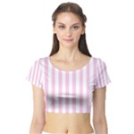 Vertical Stripes - White and Classic Rose Pink Short Sleeve Crop Top (Tight Fit)