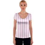 Vertical Stripes - White and Classic Rose Pink Women s V-Neck Cap Sleeve Top