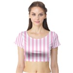 Vertical Stripes - White and Cotton Candy Pink Short Sleeve Crop Top (Tight Fit)