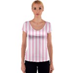 Vertical Stripes - White and Cotton Candy Pink Women s V-Neck Cap Sleeve Top