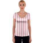 Vertical Stripes - White and Pastel Pink Women s V-Neck Cap Sleeve Top