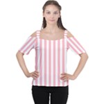 Vertical Stripes - White and Pastel Pink Women s Cutout Shoulder Tee