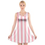 Vertical Stripes - White and Pastel Pink V-Neck Sleeveless Dress