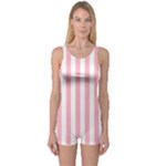 Vertical Stripes - White and Pastel Pink One Piece Boyleg Swimsuit