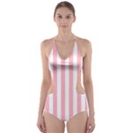 Vertical Stripes - White and Pastel Pink Cut-Out One Piece Swimsuit