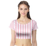 Vertical Stripes - White and Pink Short Sleeve Crop Top (Tight Fit)