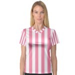 Vertical Stripes - White and Flamingo Pink Women s V-Neck Sport Mesh Tee