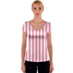 Vertical Stripes - White and Flamingo Pink Women s V-Neck Cap Sleeve Top