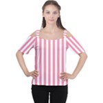 Vertical Stripes - White and Flamingo Pink Women s Cutout Shoulder Tee