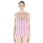 Vertical Stripes - White and Flamingo Pink Women s Halter One Piece Swimsuit