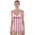 Vertical Stripes - White and Flamingo Pink Cut-Out One Piece Swimsuit