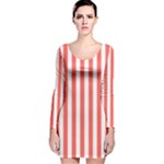 Vertical Stripes - White and Pastel Red Long Sleeve Velvet Bodycon Dress