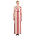 Vertical Stripes - White and Pastel Red Maxi Thigh Split Dress