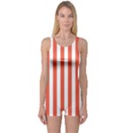 Vertical Stripes - White and Tomato Red One Piece Boyleg Swimsuit