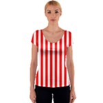 Vertical Stripes - White and Red Women s V-Neck Cap Sleeve Top
