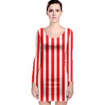Vertical Stripes - White and Red Long Sleeve Bodycon Dress