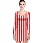 Vertical Stripes - White and Red Long Sleeve Velvet Bodycon Dress