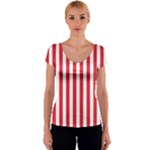 Vertical Stripes - White and Alizarin Red Women s V-Neck Cap Sleeve Top