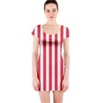 Vertical Stripes - White and Alizarin Red Short Sleeve Bodycon Dress