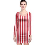 Vertical Stripes - White and Alizarin Red Long Sleeve Bodycon Dress