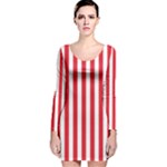 Vertical Stripes - White and Alizarin Red Long Sleeve Velvet Bodycon Dress