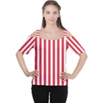 Vertical Stripes - White and Alizarin Red Women s Cutout Shoulder Tee