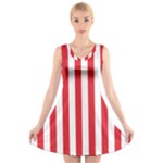 Vertical Stripes - White and Alizarin Red V-Neck Sleeveless Dress