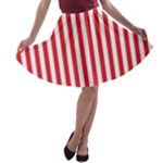 Vertical Stripes - White and Alizarin Red A-line Skater Skirt